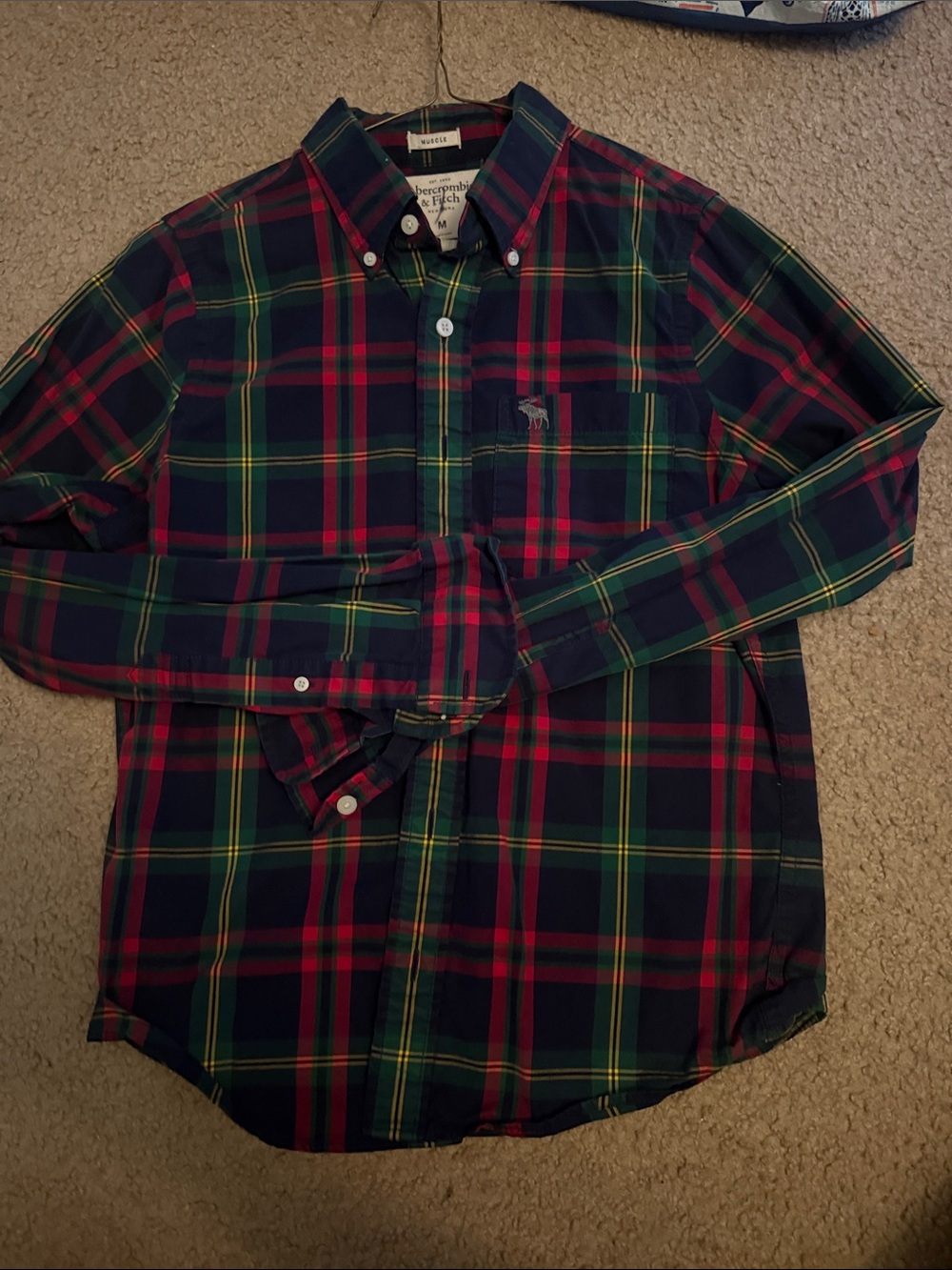 Abercrombie & Fitch Red, Navy & Green Plaid Button-Down Shirt